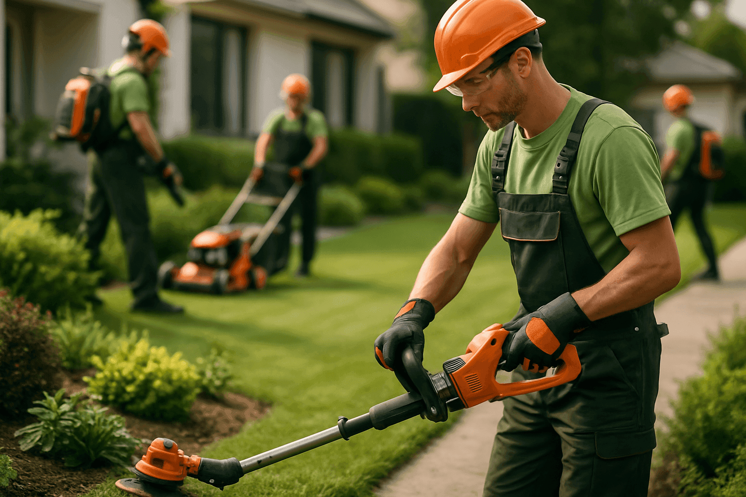 Professional landscaping crew working on a well-maintained residential or commercial property